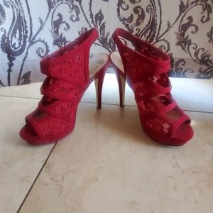 Vibrant red lace peep toe heels